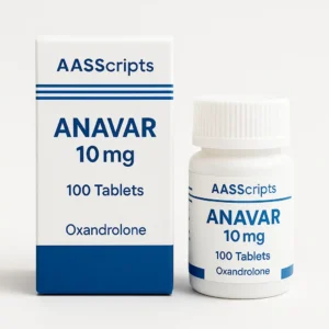 Anavar 10mg – 100 Tablets – AASScripts" pharmaceutical-grade Oxandrolone supplement used for cutting and lean muscle retention.