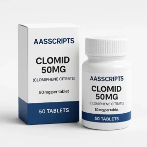 AASScripts Clomid 50mg tablets and bottle – Clomiphene PCT recovery