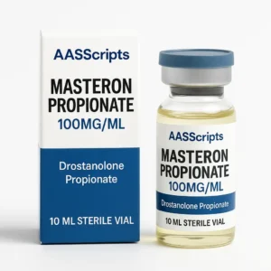 Masteron-Propionate-100mgml AASScripts Masteron Propionate vial and box – 100mg/mL Drostanolone